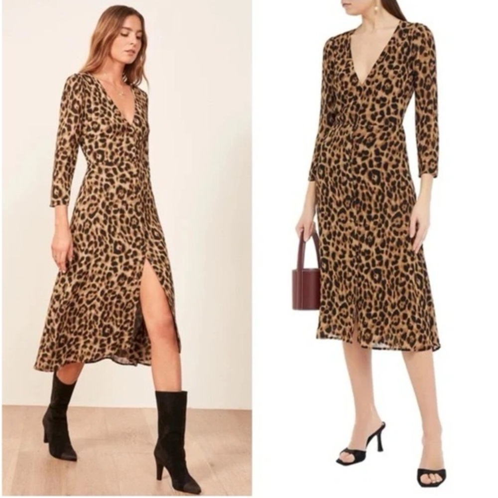 Reformation Alma Midi Dress in Leopard 3/4 Length Sleeve